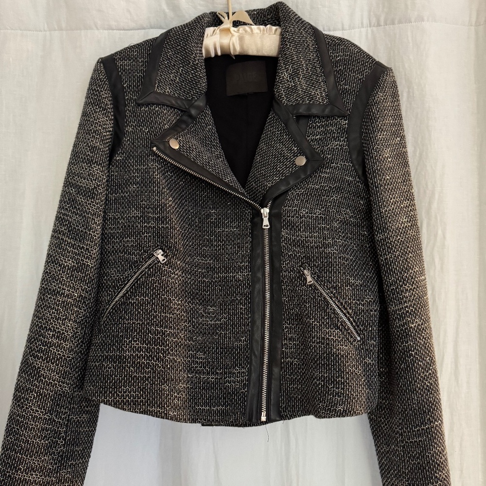 Paige Cropped tweed jacket with leather trim